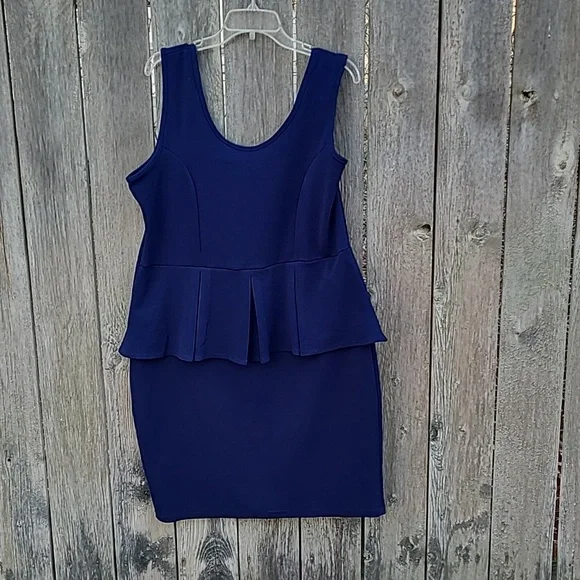 dark blue peplum dress Women’s Peplum Pencil Dress – Modest Structured Work Dress with Elbow Sleeves Navy / M at SexyModest main image 0
